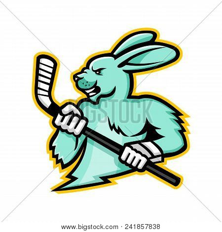 Mascot Icon Illustration Of Head Of A Hare, Jackrabbit Or Rabbit Ice Hockey Player Holding An Ice Ho