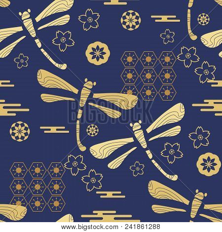 Beautiful Japanese Seamless  Pattern With Dragonfiles. Chinese, Japanese Elements.vector Unique Seam