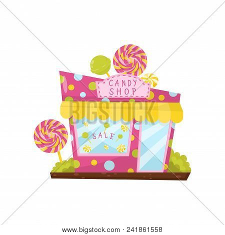 Icon Of Pink Candy Shop Decorated With Big Lollipops. Small City Building In Cartoon Style. Store Wi