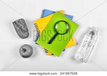 Black And White.noir.back To School Concept. School Snack. Appetizing Sandwich, Apple In Lunch Box A