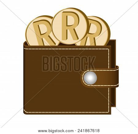 Brown  Wallet With Rand Coins On A White Background , Currency In The Wallet,sign And Symbol Currenc