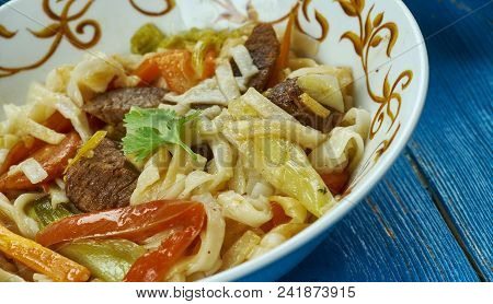 Uzbek Qorasaroy Lagmon , Traditional Assorted Dishes, Top View.  Central Asian Cuisine
