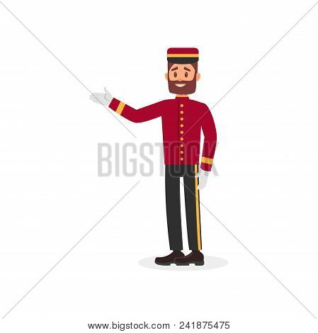Young Bearded Guy In Bellboy Uniform Jacket, Cap, Gloves And Pants. Employee Of Hotel Service. Carto