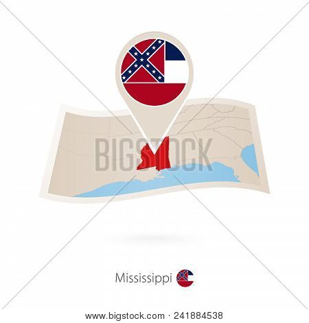 Folded Paper Map Of Mississippi U.s. State With Flag Pin Of Mississippi. Vector Illustration