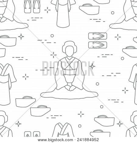 Seamless Pattern With Asian Woman, Traditional Japanese Clothing, Shoes. Travel And Leisure.