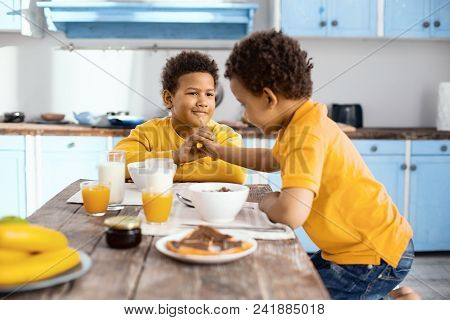 Fun At Breakfast. Curly-haired Little Boy Sitting At The Table Next To His Elder Brother And Teasing