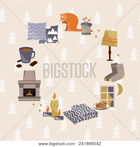 Hygge Frame. Vector Illustration With Cozy Home Things Like Candles, Socks, Wrap, Cocoa, Fireplace. 