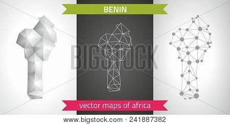 Benin Set Of Grey And Silver Mosaic 3d Polygonal Maps. Graphic Vector Triangle Geometry Outline Shad