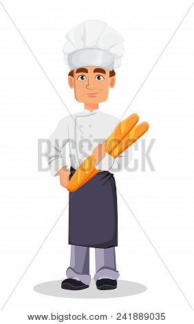 Handsome Baker In Professional Uniform And Chef Hat Holding Baguettes. Cheerful Cartoon Character. V
