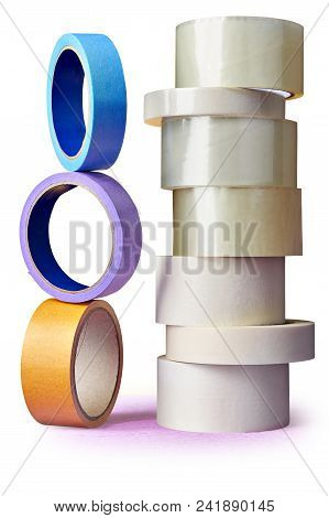 Set Of Bopp Packaging Tape And Paper Masking Multi Colored Tape For Painting Works, Isolated On Whit