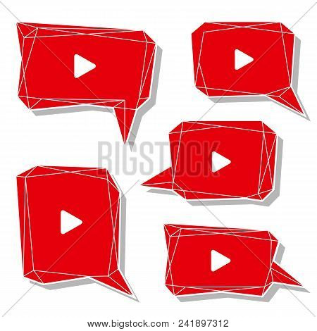 Red Video Talk Balloon Low Poly Bubble. Web Online Player App. Vector Design Illustration.
