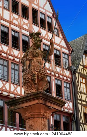 Frankfurt Justitia Lady Justice statue in Romerberg square of Germany