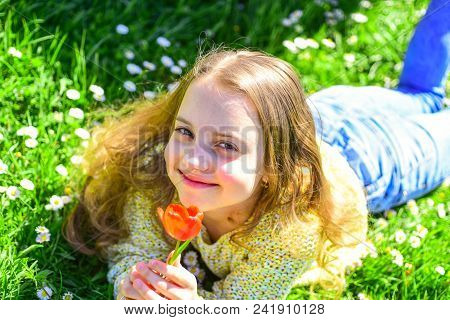 Girl On Smiling Face Holds Red Tulip Flower, Enjoy Aroma. Youth And Carefree Concept. Child Enjoy Sp