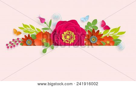 Banner Template Floral Vector Paper Art With Butterfly Stock Illustation