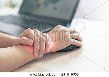Woman Wrist Arm Pain Long Use Mouse Working. Office Syndrome Healthcare And Medicine Concept