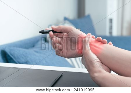 Woman Wrist Arm Pain Long Use Pen Mouse Working. Office Syndrome Healthcare And Medicine Concept