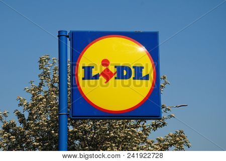 ST. LEONARDS-ON-SEA, ENGLAND - MAY 23, 2018: Signage outside a branch of German supermarket chain Lidl. The international company has over 670 stores in the UK.