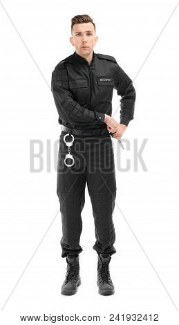 Male Security Guard With Police Baton On White Background