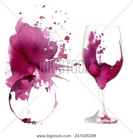 Wine Glass Painted With Watercolors On White Background. Study Of A Wine Glass. Red Wine. Abstract M