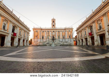 Campidoglio Square Stone Pavement At Sunrise, Capitoline Hill In Rome, Italy, Retro Toned