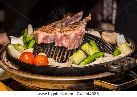 Grilled Lamb Ribs With Vegetables In Japanese Style