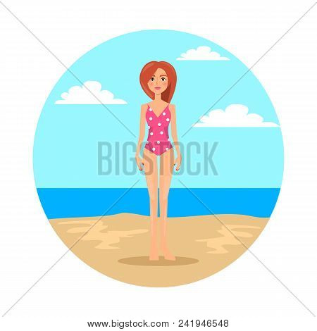 Girl In Swimsuit With Polka Dot Pattern Stands On Beach. Stylish Swimwear For Women. Girl In Feminin