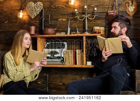 Soulful Evening Concept. Family Spend Pleasant Evening With Books, Interior Background. Father Insti