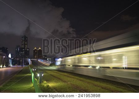 The View Of Lrt (light Rail Transit) In Kaohsiung City, Taiwan. When It Passes At Night. You Can Als