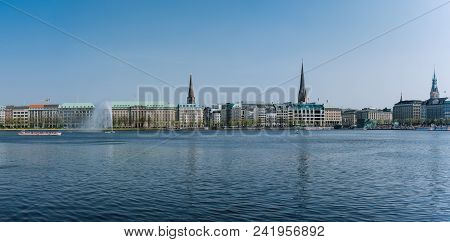Beautiful Panoramic View Alster Lake With Fountain. Hamburg. Germany