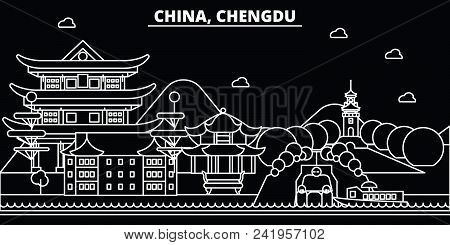 Chengdu Silhouette Skyline. China - Chengdu Vector City, Chinese Linear Architecture, Buildings. Che