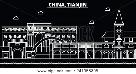 Tianjin Silhouette Skyline. China - Tianjin Vector City, Chinese Linear Architecture, Buildings. Tia