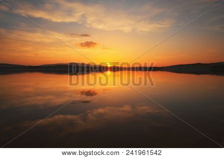 Awesome Sunset At The Lipno Dam (lake). Spring Evening. Czech Republic.