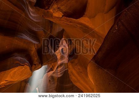 Upper Antelope Slot Canyon Showing A Light Beam Into The Canyon, Page, Arizona, Usa. The Most Popula