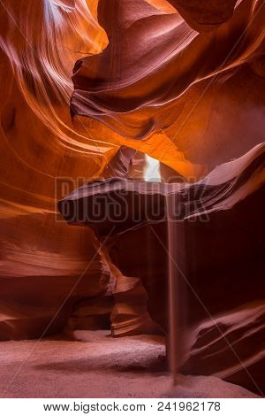 Upper Antelope Slot Canyon Showing A Light Beam Into The Canyon, Page, Arizona, Usa. The Most Popula
