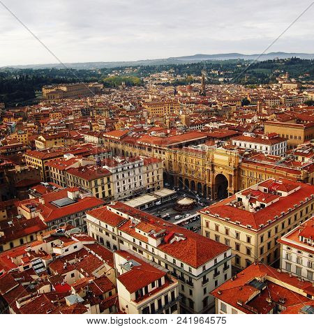 Roofs Of Florence From Belfry. Piazza Della Repubblica (republic Square) Aerial View. View Of Firenz