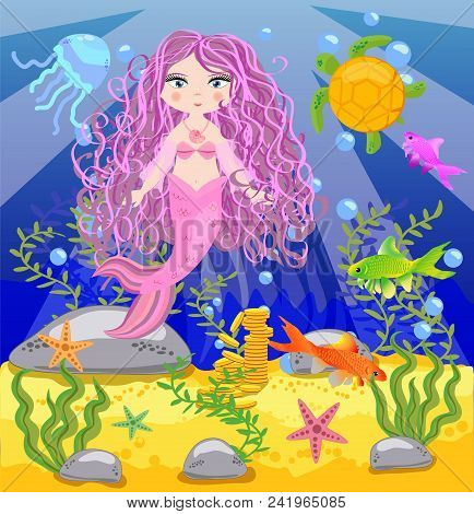 Vector Background With An Underwater World In A Children's Style. A Mermaid Is Sitting On A Rock. Wo