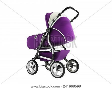Modern Baby Carriage With Dome Against Rain And Wind Violet With White Insets 3d Render On White Bac