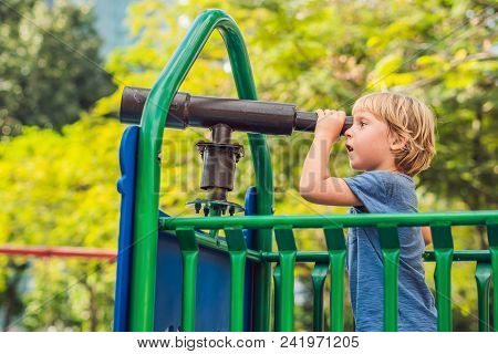 Funny Cute Happy Baby Playing On The Playground. The Emotion Of Happiness, Fun, Joy.