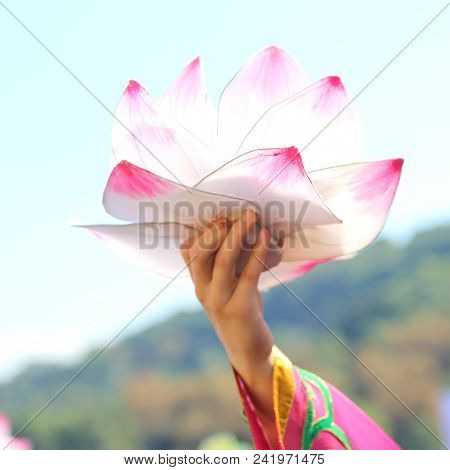 Hand Of An Asian Woman Holding A Lotus Flower With White And Pink Petals During A Religious Celebrat