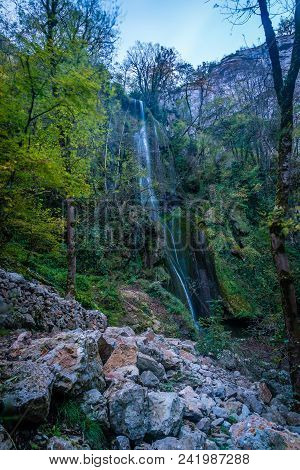 Autoire Cascade In Autumn In The Lot Department And Occitanie Region In France