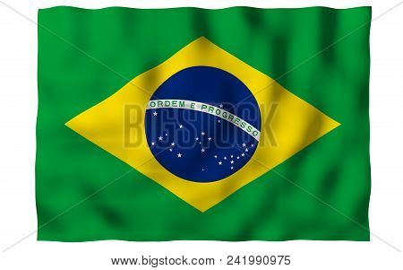Waving Flag Of Brazil. Ordem E Progresso. Order And Progress. Rio De Janeiro. South America. State S