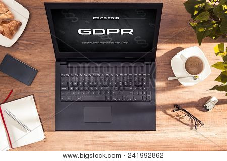 Laptop Display With Gdpr Sign. Conception Of  General Data Protection Regulation In Eu Law. Interfac