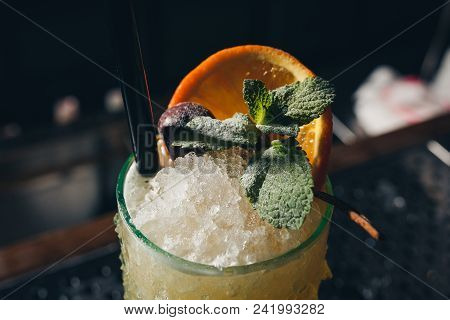 Yellow Cocktail Decorated With Mint Leaf Luxury.