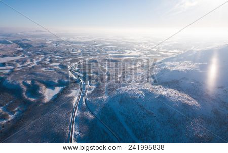 Aerial Sunny Winter View Of Abisko National Park, Kiruna Municipality, Lapland, Norrbotten County, S