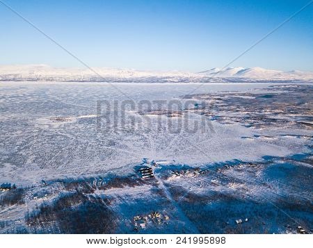 Aerial Sunny Winter View Of Abisko National Park, Kiruna Municipality, Lapland, Norrbotten County, S