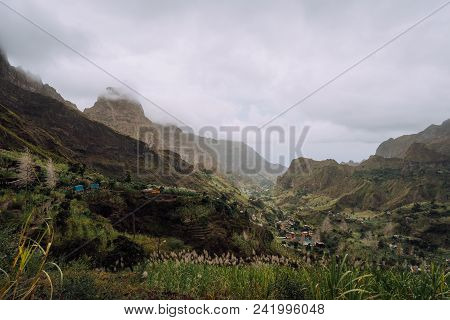 Cape Verde. Gorgeous Panoramic View Of Famous Fertile Paul Valley. Agriculture Terraces Of Sugarcane