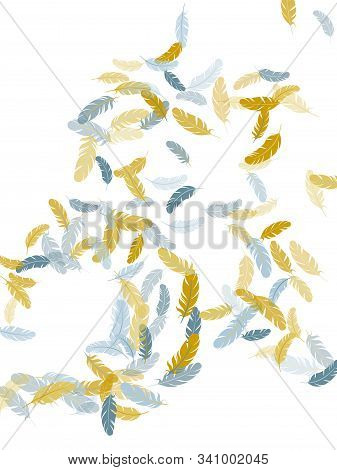 Fashoinable Silver Gold Feathers Vector Background. Falling Feather Elements Soft Vector Design. Plu