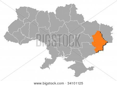 Kort over Ukraine, Donetsk fremhævet
