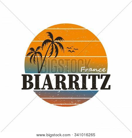 Biarritz France Surfer Stamp Or Sign, Vector Illustration