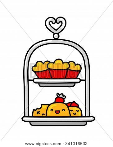 English Tiered Serving Tray With Desserts. Simple Icon. Vector Cartoon Illustration.
